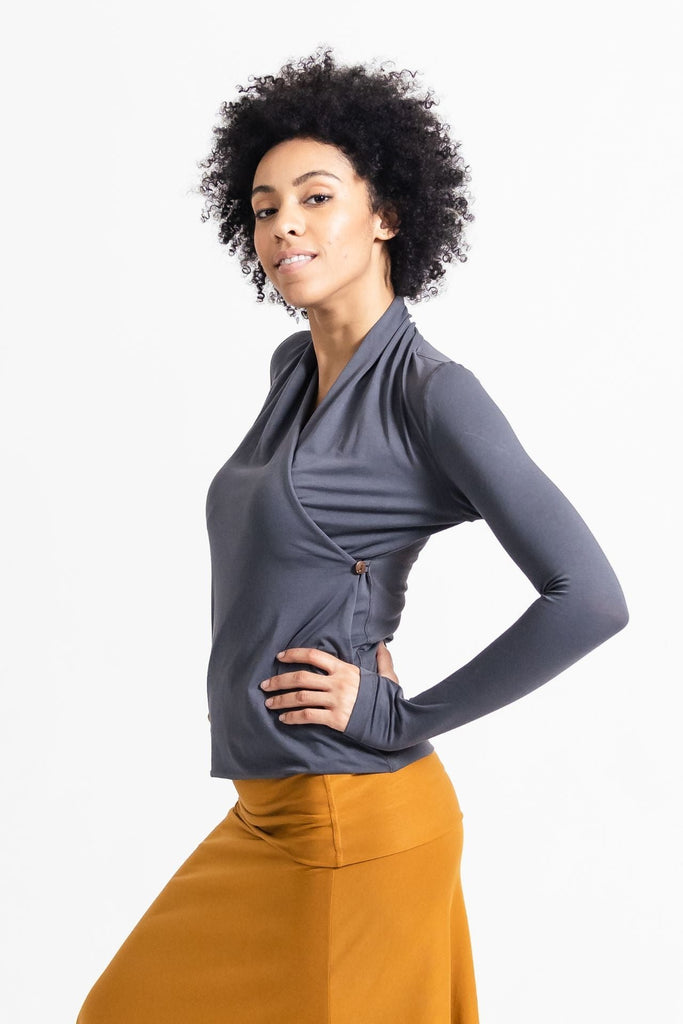 Surya Australia Ethical Organic Cotton False Wrap Top made in Nepal - Dusty Grey
