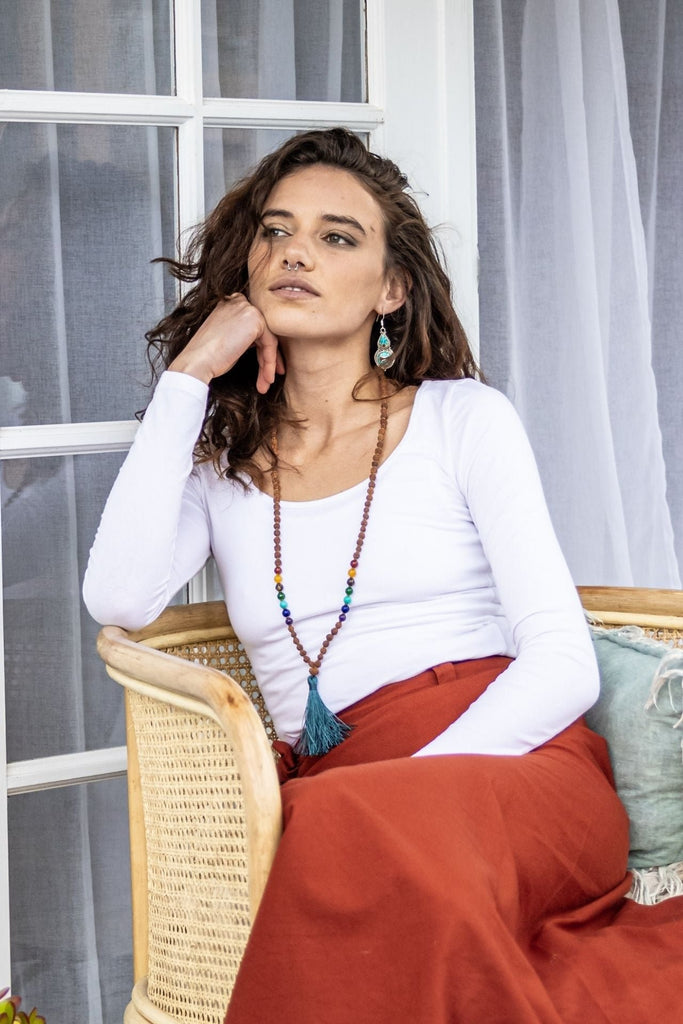 Surya Australia Ethical Rudraksha Seed Mala Necklace from Nepal - Teal Tassel