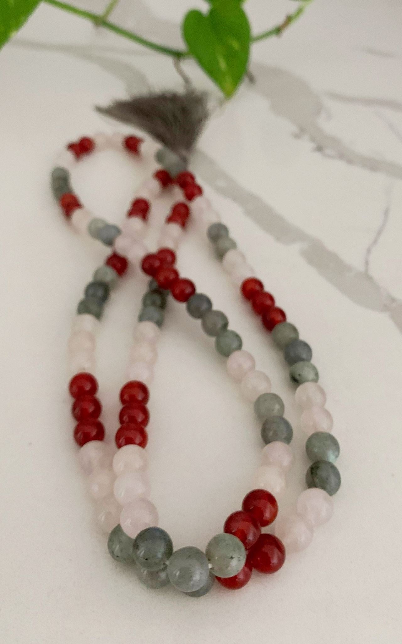 Surya Australia Calm Abiding Mala Necklace made in Nepal - rose quartz, carnelian and labradorite