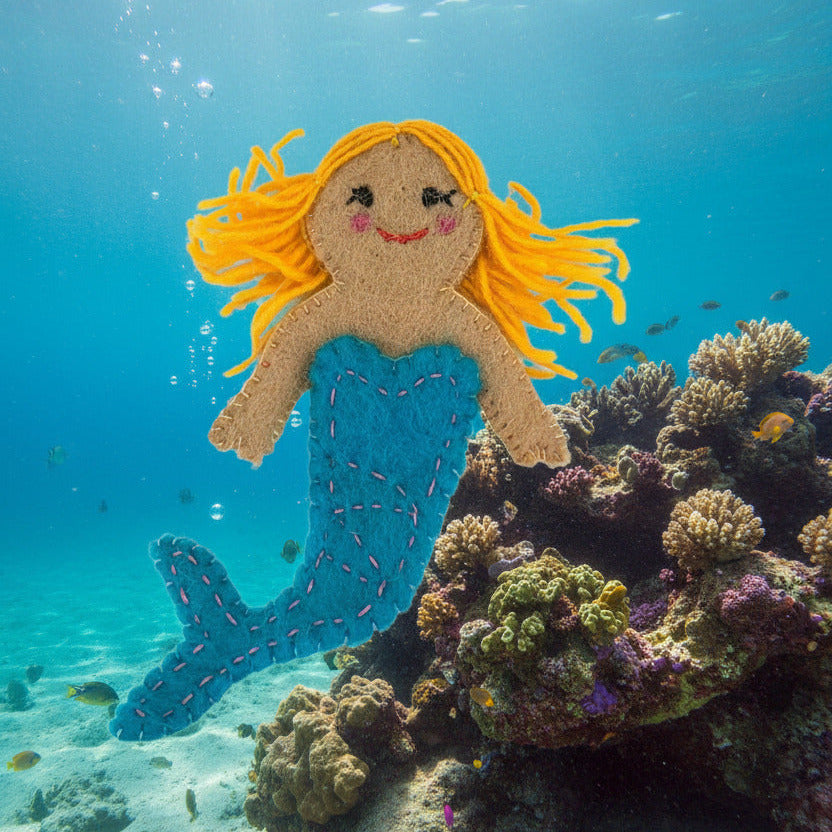Surya Wool Felt Finger Puppets made in Nepal - Blue Mermaid