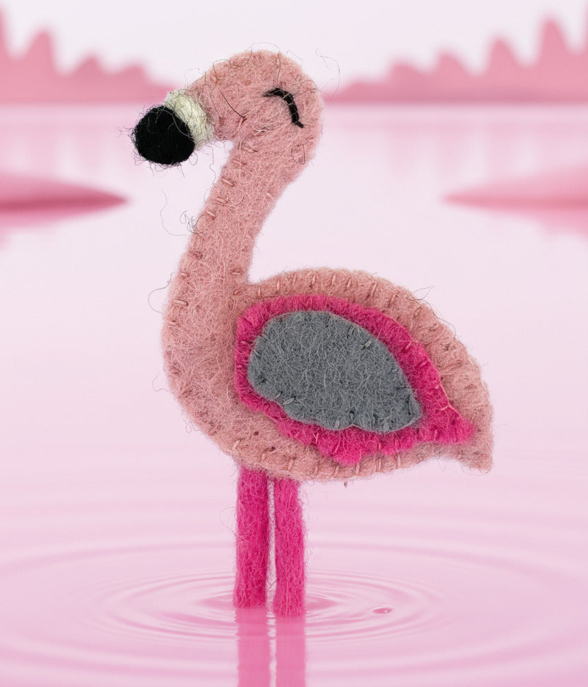 Surya Wool Felt Finger Puppets from Nepal - Flamingo
