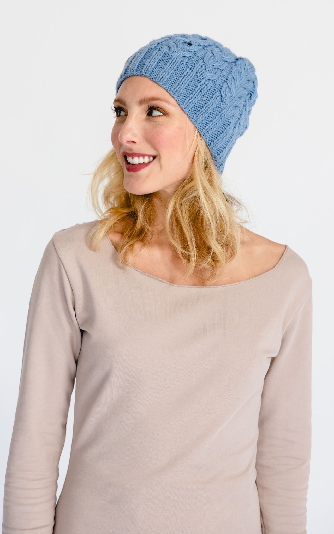 Surya Australia Ethical Cable Knit Merino Wool Beanie from Nepal - Light Blue
