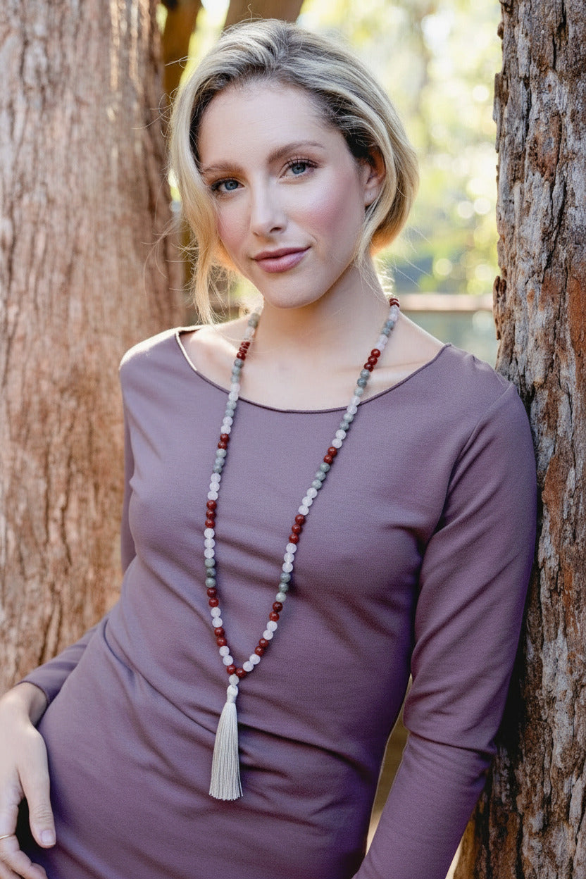 Surya Australia Calm Abiding Mala Necklace made in Nepal - rose quartz, carnelian and labradorite