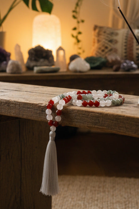 Surya Australia Calm Abiding Mala Necklace made in Nepal - rose quartz, carnelian and labradorite