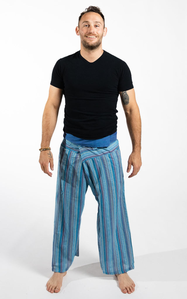 Surya Australia Cotton Thai Fisherman Pants from Nepal (Striped Cotton) - Blue