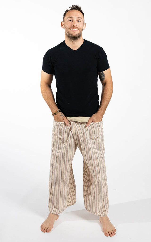 Surya Australia Cotton Thai Fisherman Pants from Nepal (Striped Cotton) - Natural