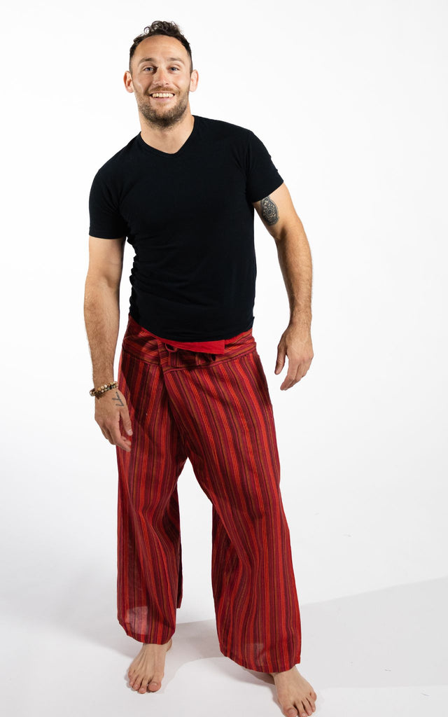 Surya Australia Cotton Thai Fisherman Pants from Nepal (Striped Cotton) - Red