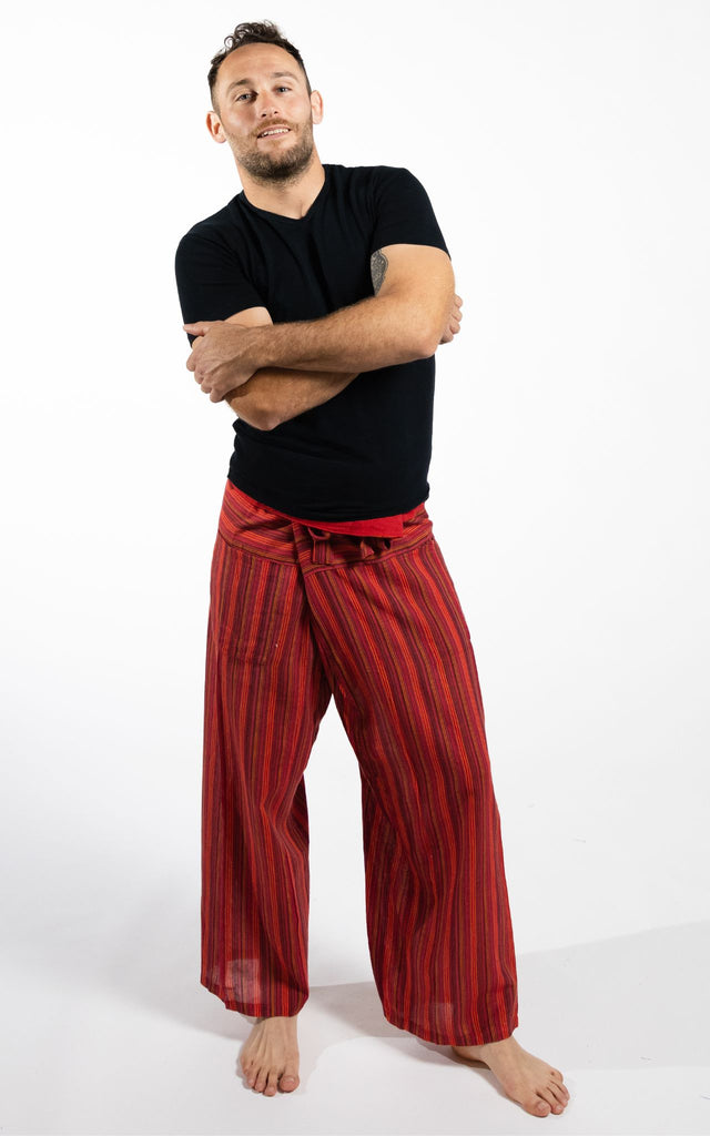 Surya Australia Cotton Thai Fisherman Pants from Nepal (Striped Cotton) - Red