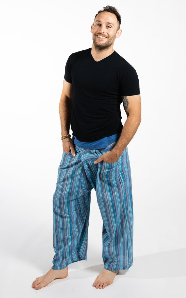 Surya Australia Cotton Thai Fisherman Pants from Nepal (Striped Cotton) - Blue