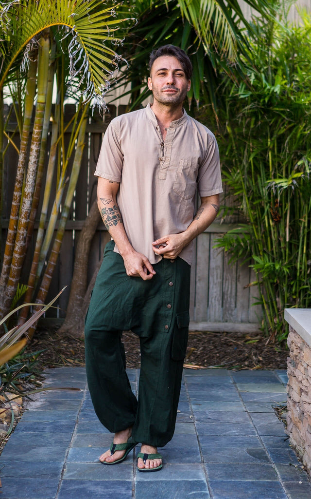 Surya Australia Ethical Cotton Drop Crotch Pants for Men from Nepal #colour_green