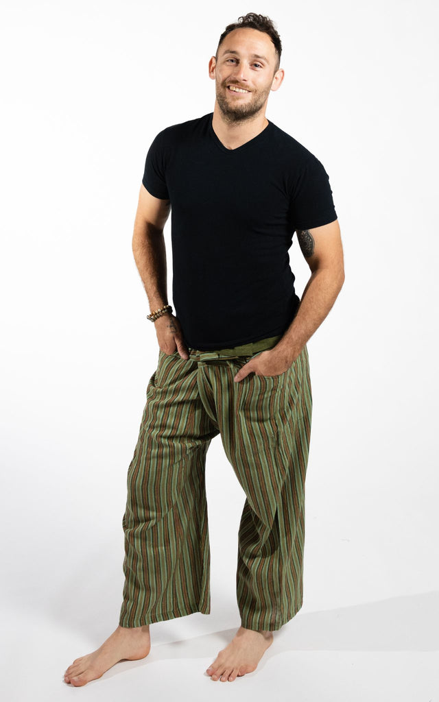 Surya Australia Cotton Thai Fisherman Pants from Nepal (Striped Cotton) - Green
