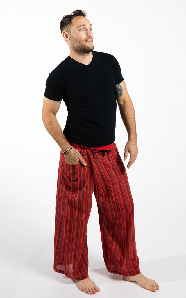 Surya Australia Cotton Thai Fisherman Pants from Nepal (Striped Cotton) - Red