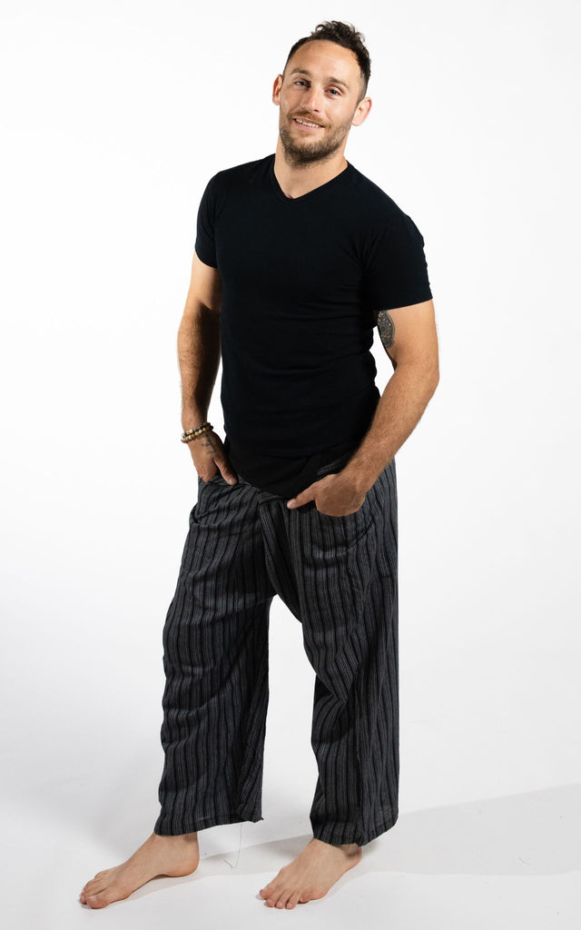 Surya Australia Cotton Thai Fisherman Pants from Nepal (Striped Cotton) - Black
