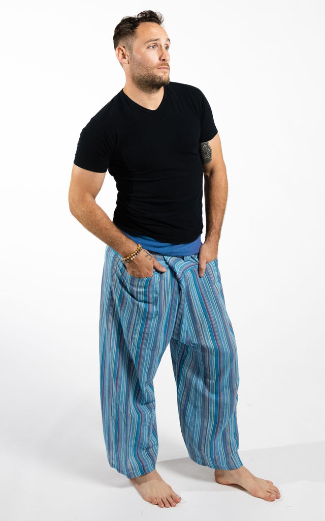 Surya Australia Cotton Thai Fisherman Pants from Nepal (Striped Cotton) - Blue