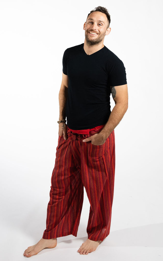 Surya Australia Cotton Thai Fisherman Pants from Nepal (Striped Cotton) - Red