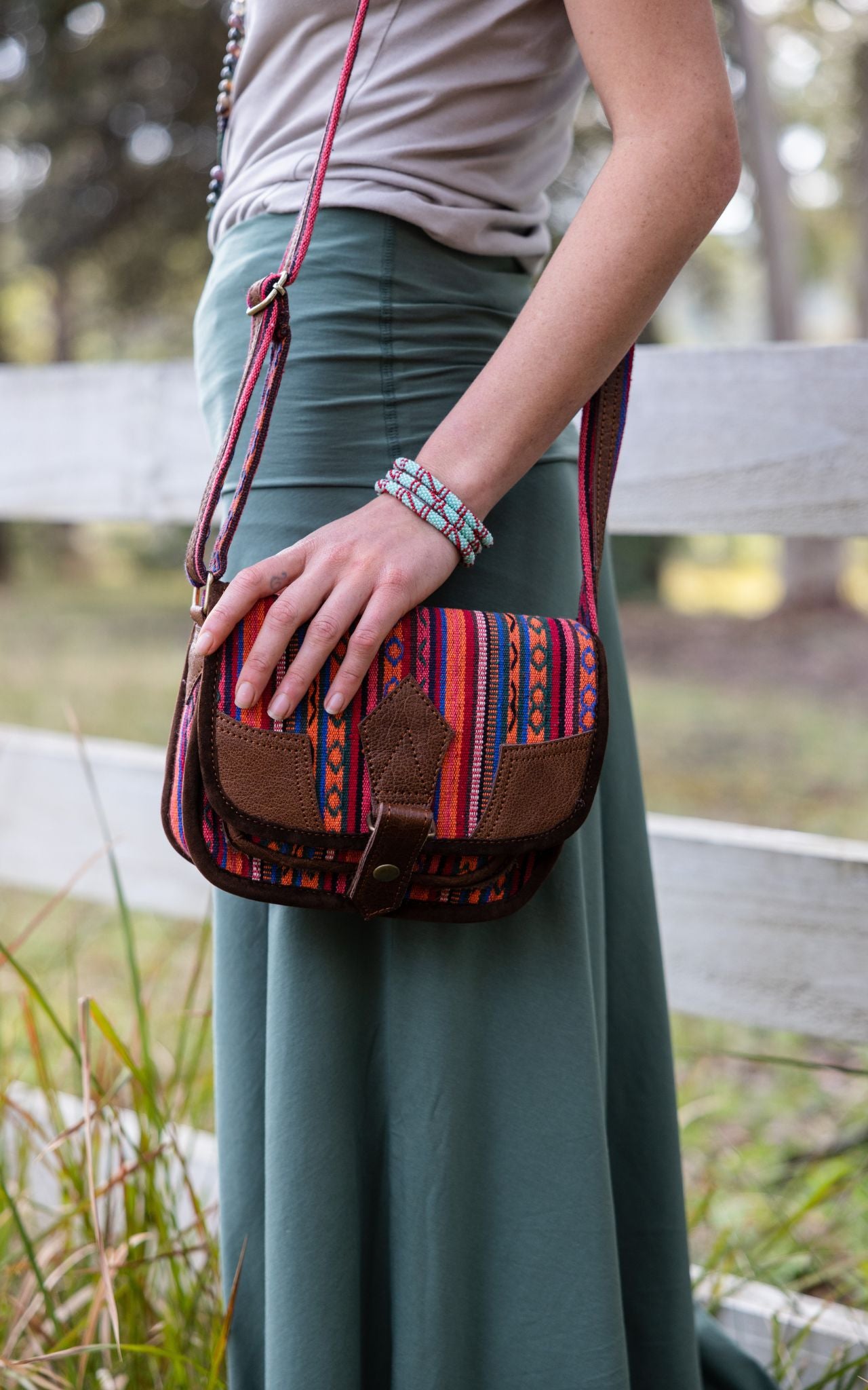 Buffalo Leather & Woven Cotton Bag from Nepal - Auray